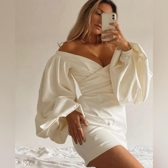 House of CB “Carlyn” Ivory satin balloon sleeve mini Dress